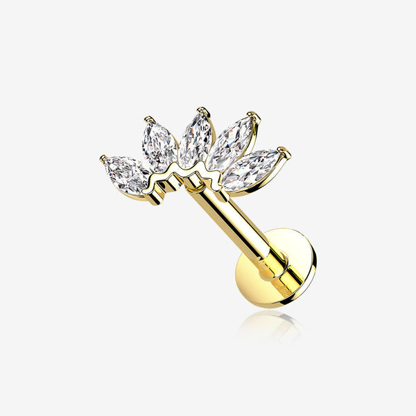 14 Karat Gold OneFit Threadless Brilliant Marquise Sparkle Flower Flat Back Stud Labret-Clear Gem