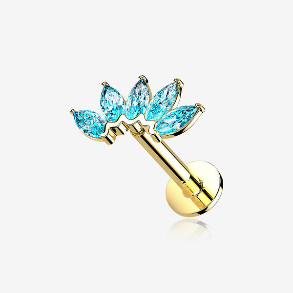 14 Karat Gold OneFit Threadless Brilliant Marquise Sparkle Flower Flat Back Stud Labret-Aqua