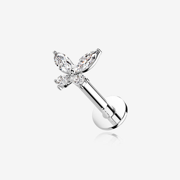 14 Karat White Gold OneFit Threadless Dainty Butterfly Sparkle Flat Back Stud Labret-Clear Gem