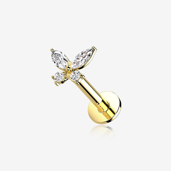 14 Karat Gold OneFit Threadless Dainty Butterfly Sparkle Flat Back Stud Labret-Clear Gem