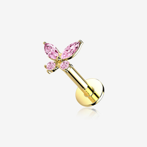 14 Karat Gold OneFit Threadless Dainty Butterfly Sparkle Flat Back Stud Labret-Pink