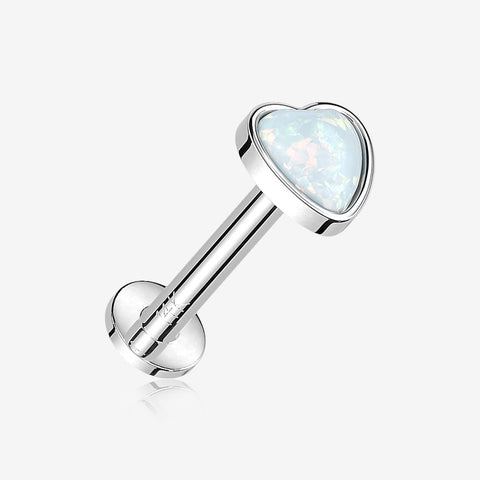 14 Karat White Gold OneFit Threadless Heart Fire Opal Sparkle Flat Back Stud Labret-White Opal