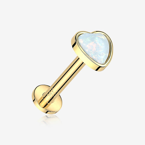 14 Karat Gold OneFit Threadless Heart Fire Opal Sparkle Flat Back Stud Labret-White Opal