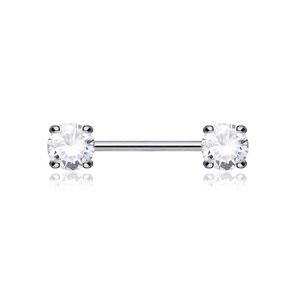 A Pair of 14 Karat White Gold Prong Set Gem Sparkle Nipple Barbell-Clear Gem