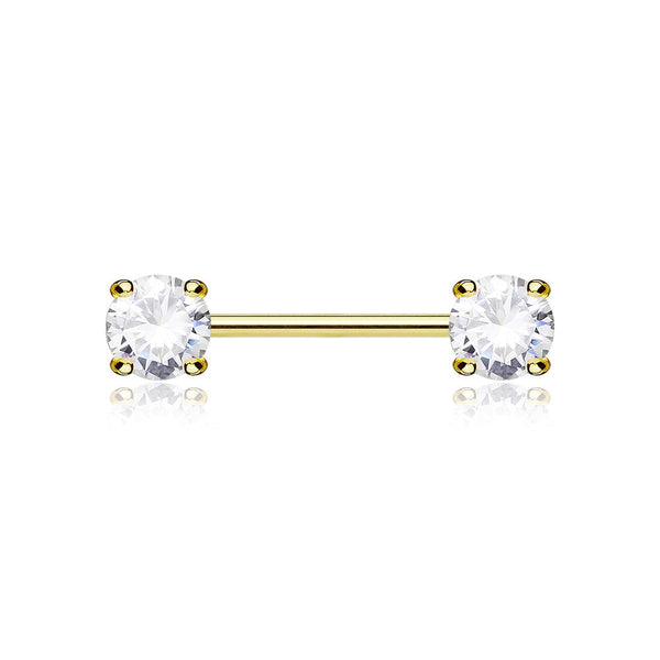 A Pair of 14 Karat Gold Prong Set Gem Sparkle Nipple Barbell-Clear Gem