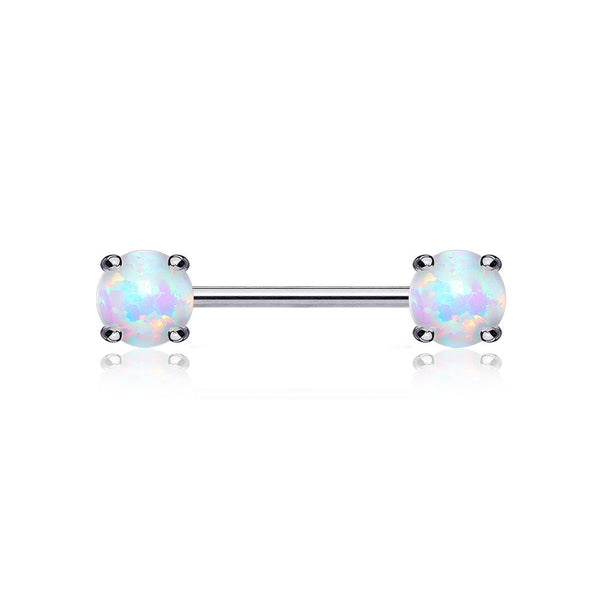 A Pair of 14 Karat White Gold Prong Set Fire Opal Sparkle Nipple Barbell-White Opal