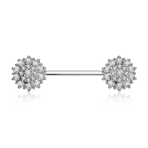 A Pair of 14 Karat White Gold Brilliant Sparkle Glam Flower Nipple Barbell-Clear Gem