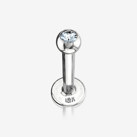 14 Karat White Gold Gem Ball Top Flat Back Stud Labret-Clear Gem