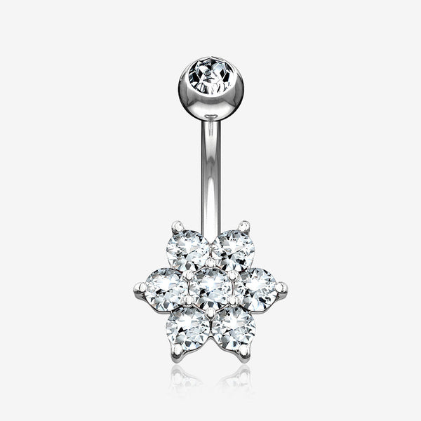 14 Karat White Gold Spring Flower Sparkle Prong Set Belly Button Ring-Clear Gem