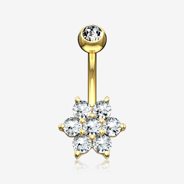 14 Karat Gold Spring Flower Sparkle Prong Set Belly Button Ring-Clear Gem