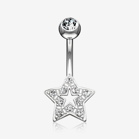 14 Karat White Gold Charming Star Sparkle Belly Button Ring-Clear Gem