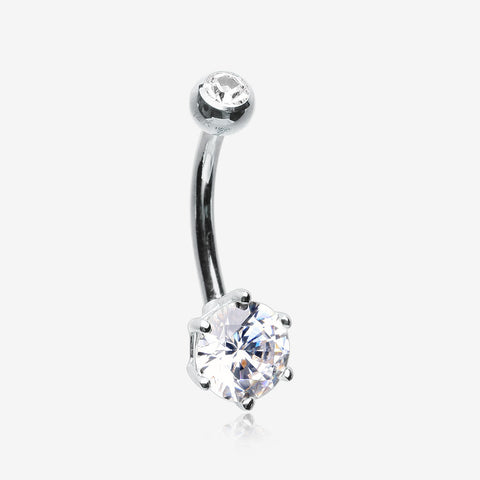 14 Karat White Gold Glam Prong Set Gem Belly Button Ring-Clear Gem