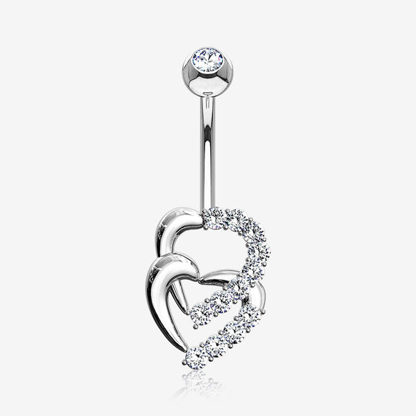 14 Karat White Gold Double Hearts Sparkle Loop Belly Button Ring-Clear Gem