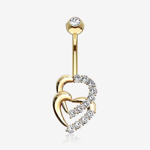 14 Karat Gold Double Hearts Sparkle Loop Belly Button Ring-Clear Gem