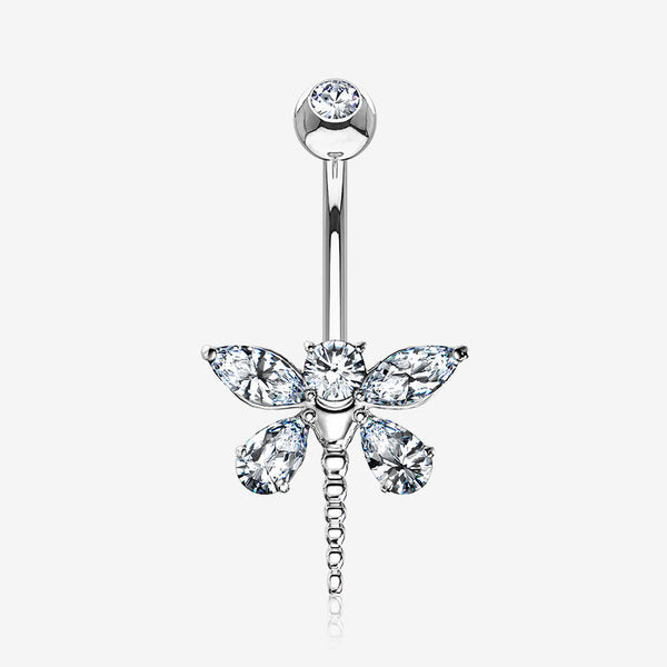 14 Karat White Gold Marquise Teardrop Sparkle Gem Dragonfly Belly Button Ring-Clear Gem