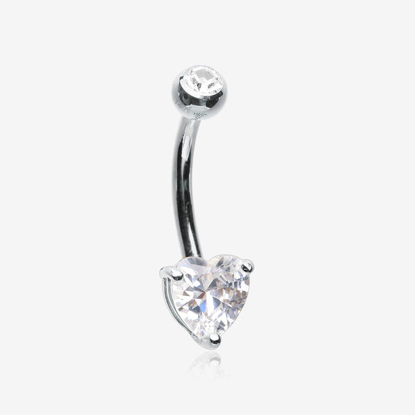 14 Karat White Gold Prong Set Heart Gem Belly Button Ring-Clear Gem