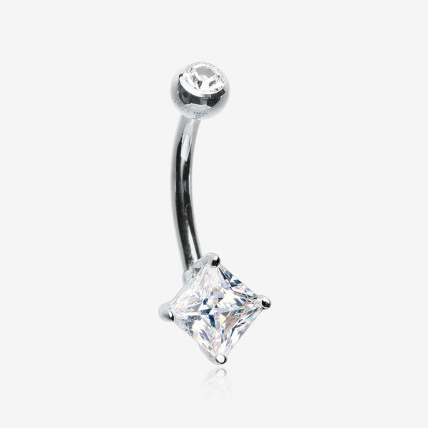 14 Karat White Gold Prong Set Princess Cut Gem Belly Button Ring-Clear Gem