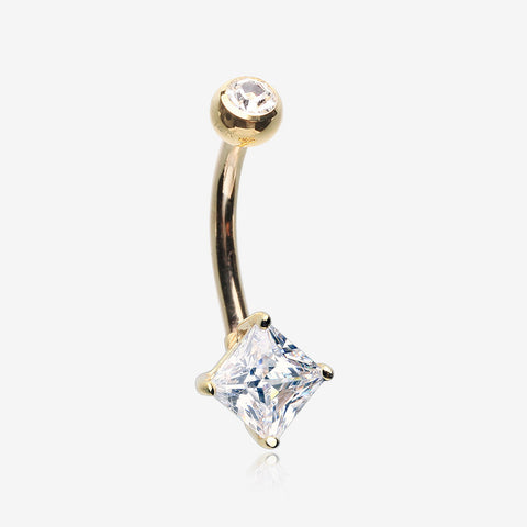 14 Karat Gold Prong Set Princess Cut Gem Belly Button Ring-Clear Gem