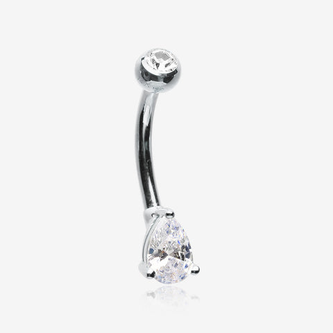 14 Karat White Gold Prong Set Teardrop Gem Belly Button Ring-Clear Gem