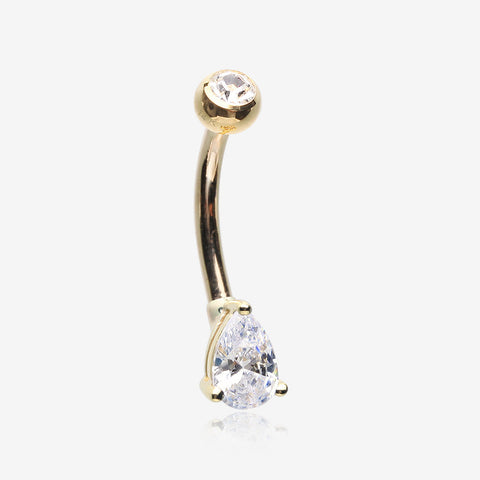 14 Karat Gold Prong Set Teardrop Gem Belly Button Ring-Clear Gem