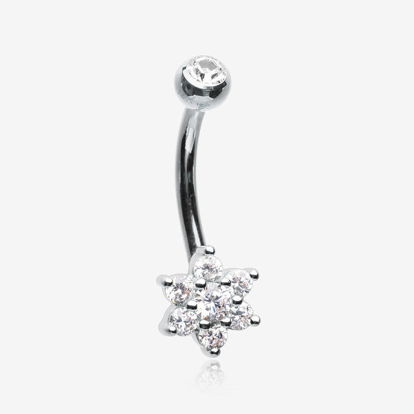 14 Karat White Gold Brilliant Sparkle Prong Set Flower Belly Button Ring-Clear Gem