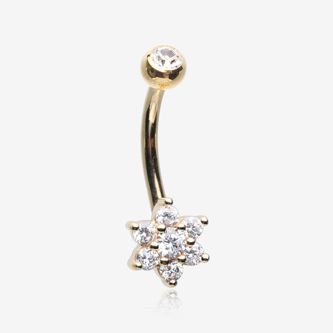 14 Karat Gold Brilliant Sparkle Prong Set Flower Belly Button Ring-Clear Gem