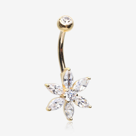 14 Karat Gold Marquise Cut Sparkle Prong Set Flower Belly Button Ring-Clear Gem