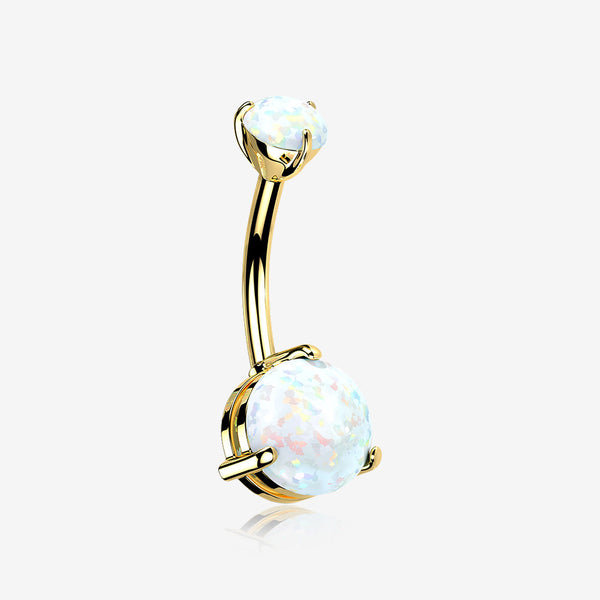 14 Karat Gold Fire Opal Sparkle Double Prong Belly Button Ring-White Opal