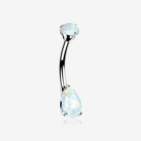 14 Karat White Gold Dainty Fire Opal Teardrop Sparkle Belly Button Ring-White Opal