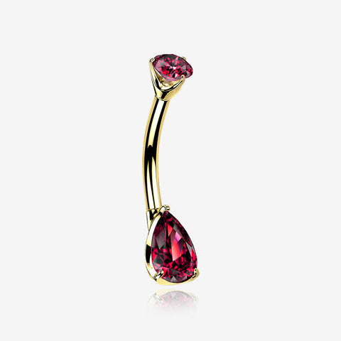 14 Karat Gold Dainty Brilliant Teardrop Sparkle Belly Button Ring-Red