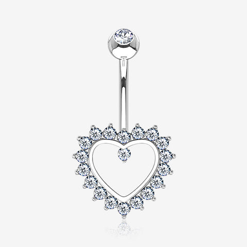 14 Karat White Gold Brilliant Sparkle Multi-Gem Heart Belly Button Ring-Clear Gem