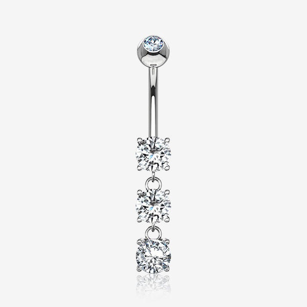 14 Karat White Gold Brilliant Triple Dangle Sparkle Multi-Gem Belly Button Ring-Clear Gem