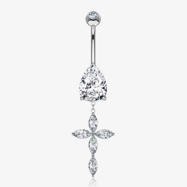 14 Karat White Gold Marquise Cross Teardrop Sparkle Belly Button Ring-Clear Gem