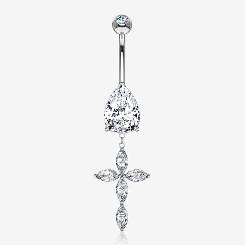 14 Karat White Gold Marquise Cross Teardrop Sparkle Belly Button Ring-Clear Gem