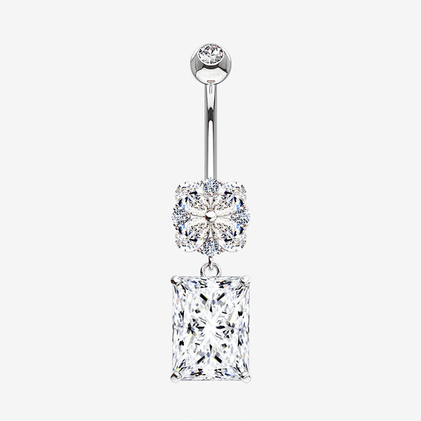 14 Karat White Gold Asscher Cut Sparkle Dangle Multi-Gem Belly Button Ring-Clear Gem