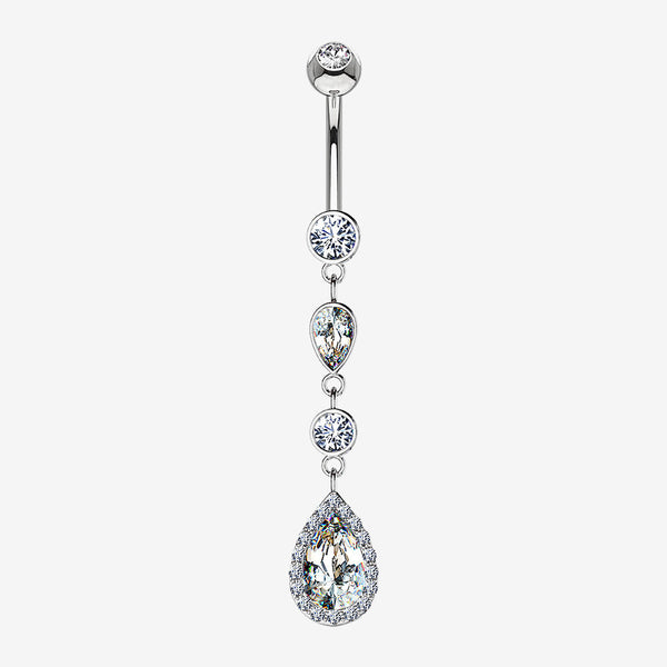 14 Karat White Gold Brilliant Teardrop Cascading Sparkle Belly Button Ring-Clear Gem