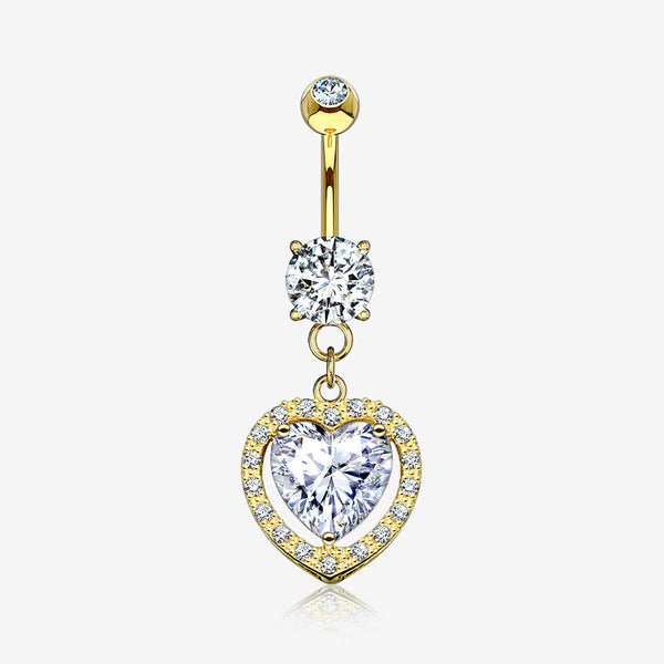 14 Karat Gold Brilliant Heart Solitaire Sparkle Loop Belly Button Ring-Clear Gem