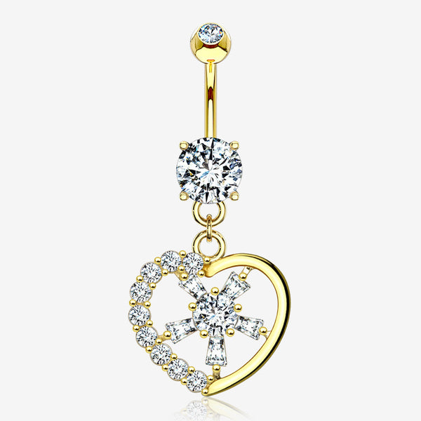 14 Karat Gold Sparkle Floral Ray Heart Belly Button Ring-Clear Gem