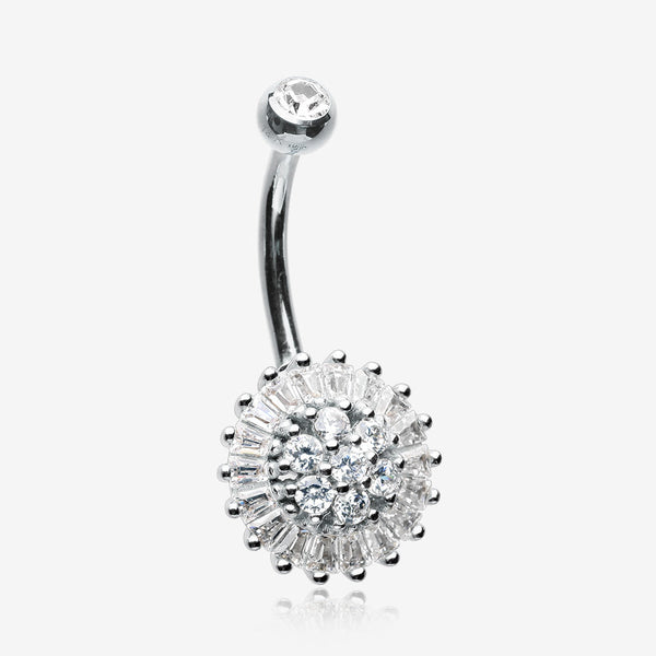 14 Karat White Gold Grand Sparkle Prong Set Flower Belly Button Ring-Clear Gem