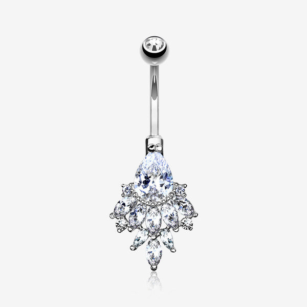 14 Karat White Gold Luscious Floral Sparkle Teardrop Belly Button Ring-Clear Gem