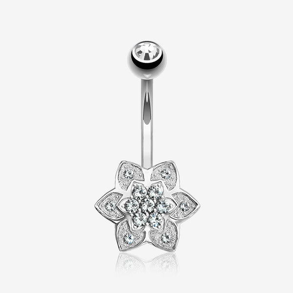 14 Karat White Gold Bali Zen Flower Sparkle Belly Button Ring-Clear Gem