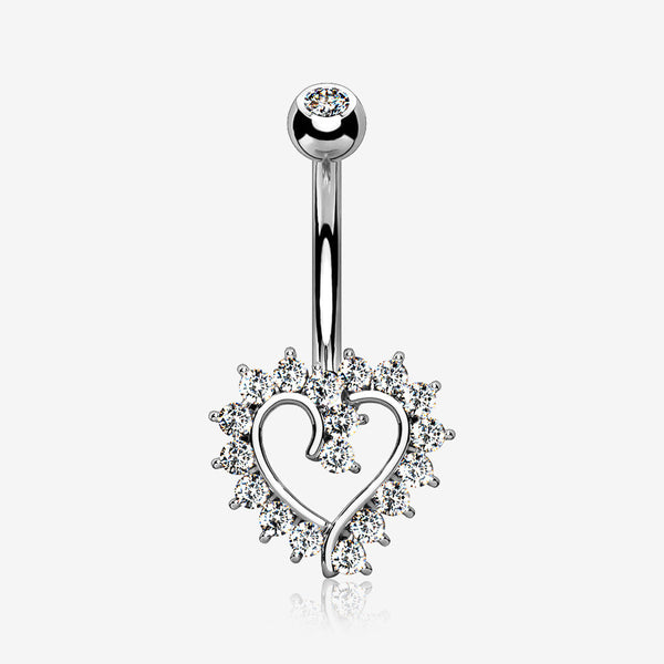 14 Karat White Gold Hollow Heart Floret Sparkle Belly Button Ring-Clear Gem