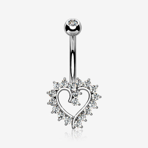 14 Karat White Gold Hollow Heart Floret Sparkle Belly Button Ring-Clear Gem