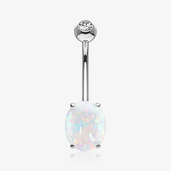 14 Karat White Gold Prong Set Fire Opal Sparkle Belly Button Ring-White Opal