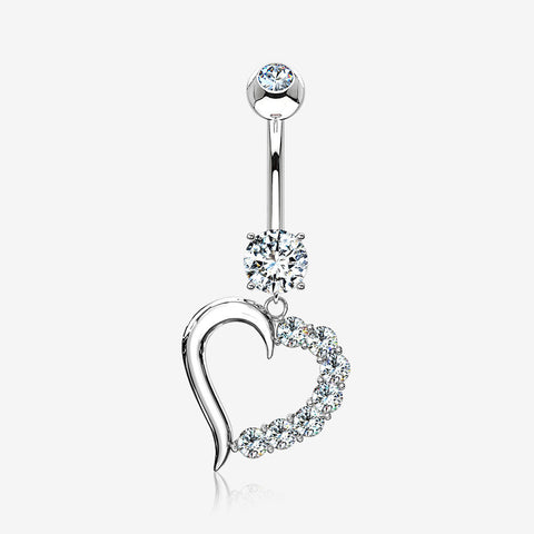 14 Karat White Gold Journey Sparkle Heart Dangle Belly Button Ring-Clear Gem