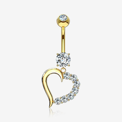 14 Karat Gold Journey Sparkle Heart Dangle Belly Button Ring-Clear Gem