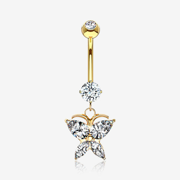 14 Karat Gold Grand Butterfly Marquise Sparkle Dangle Belly Button Ring-Clear Gem