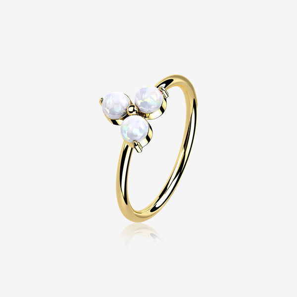 14 Karat Gold Brilliant Trinity Fire Opal Sparkle Bendable Hoop Ring-White Opal