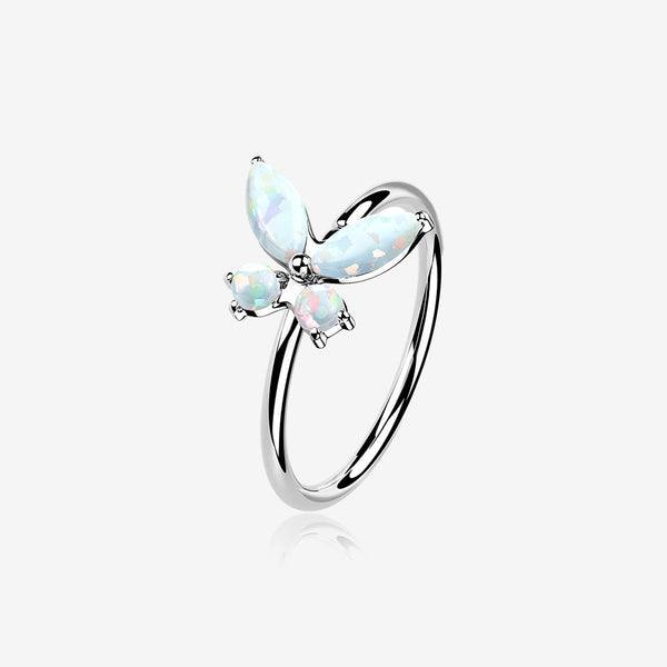 14 Karat White Gold Brilliant Fire Opal Dainty Butterfly Bendable Hoop Ring-White Opal