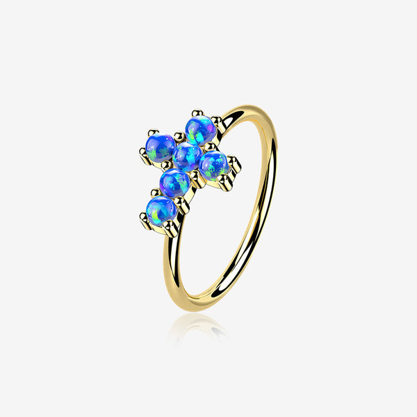 14 Karat Gold Brilliant Fire Opal Cross Bendable Hoop Ring-Blue Opal